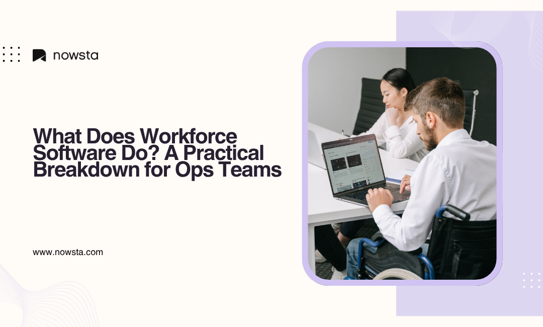 Team reviewing workforce software on a laptop to manage operations and scheduling