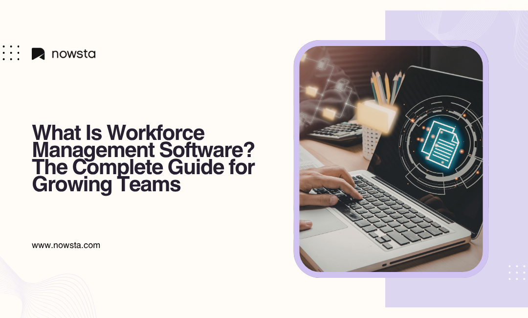 Laptop displaying workforce management software interface with digital data and planning tools